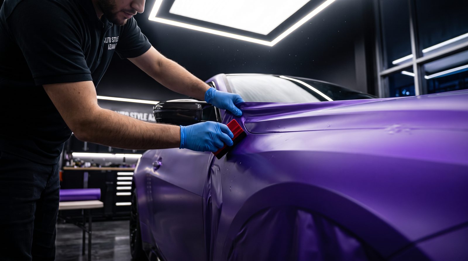 Мастера студии Auto Style Azam за оклейкой автомобиля плёнкой