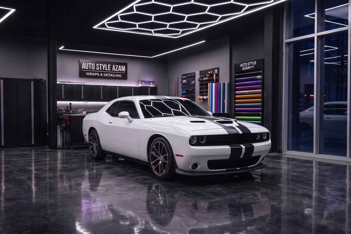 Dodge Challenger до оклейки: заводской белый кузов с чёрными полосами